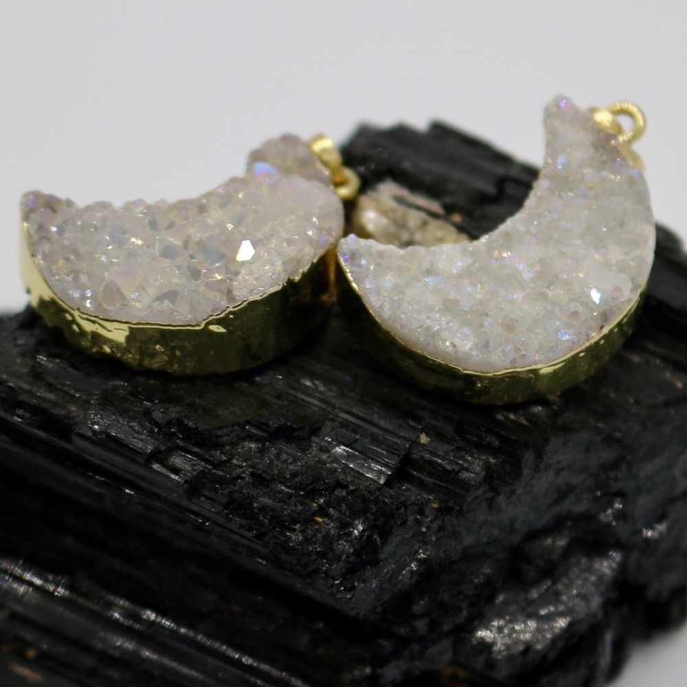 Druzy Quartz Moon Charm silver plated or 24k gold electroplated